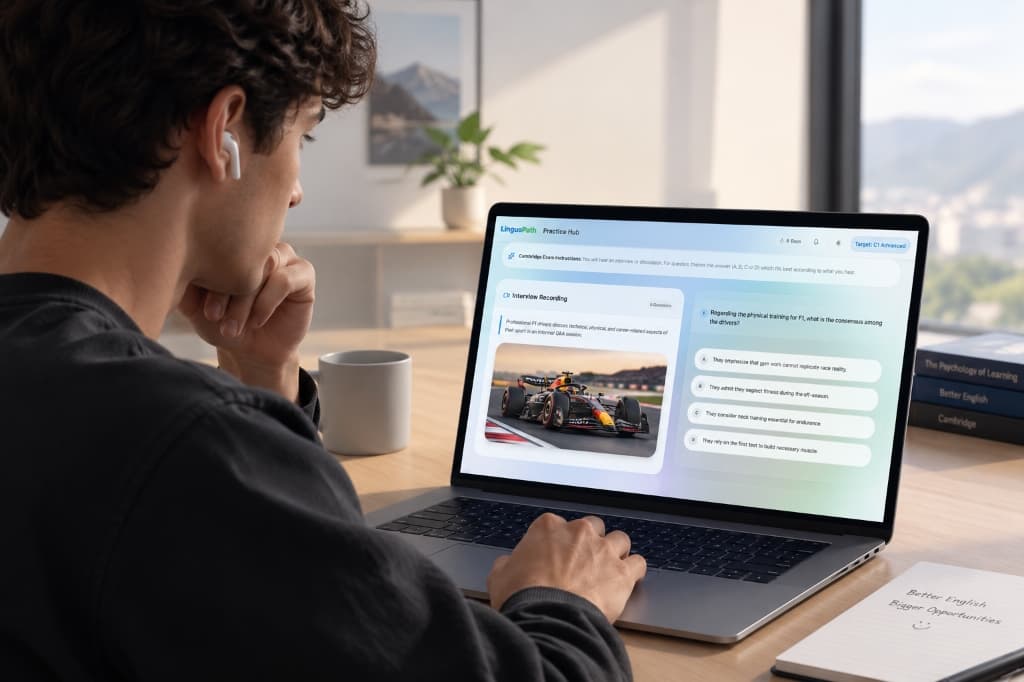 Student practicing for his Cambridge certification exam with personalized topics like Formula 1 racing on LinguoPath